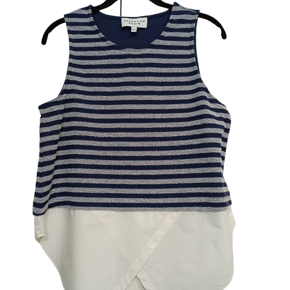 Derek Lam Denim Womens Blue White Striped Mixed Media Layered Tank Top Large